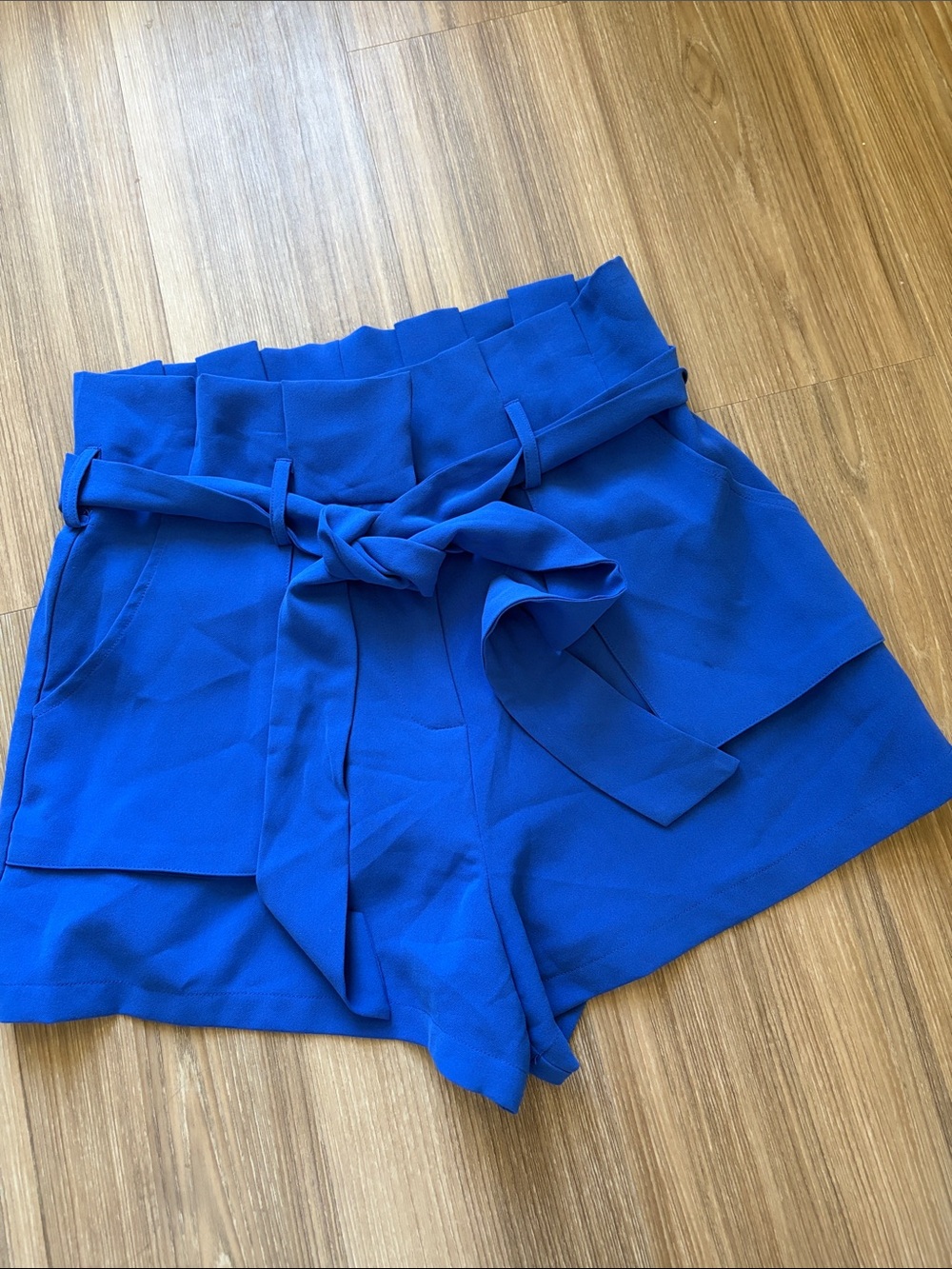 TCEC Royal Blue High-Waist Paperbag Shorts with Tie Belt